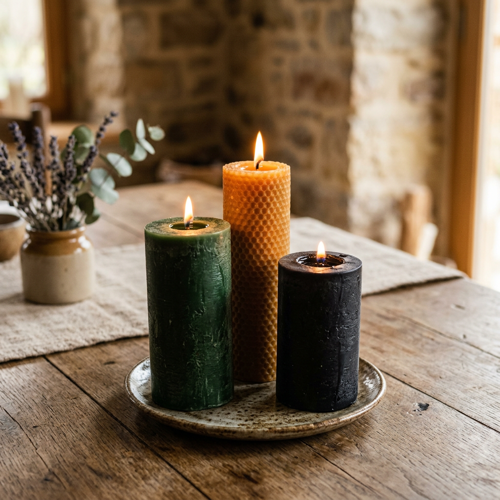 Three lit candles in green, yellow, and black on a ceramic plate on a rustic wooden table
