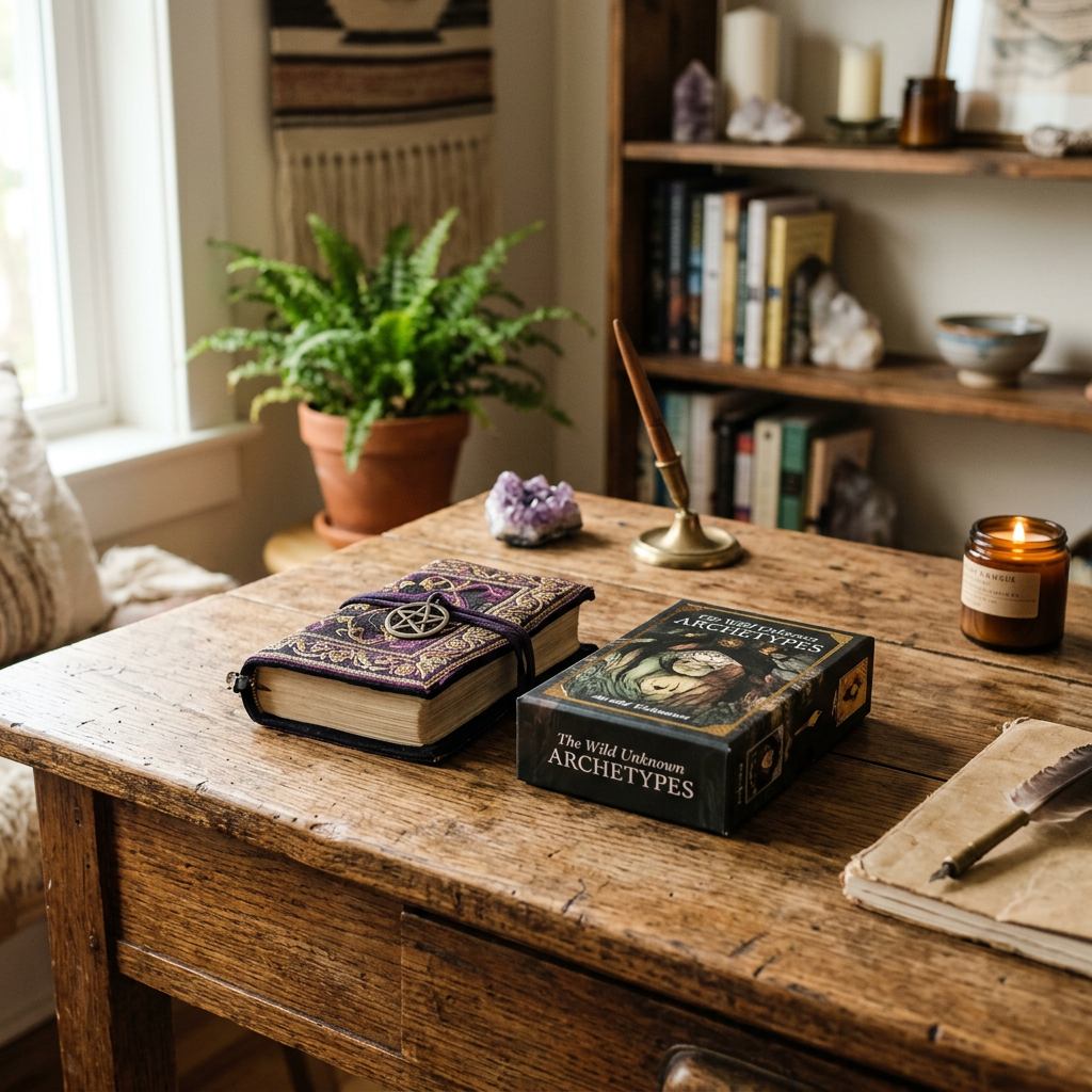 Wooden desk with a purple pentacle journal, 'The Wild Unknown Archetypes' deck, crystal, candle, and a notebook with a quill pen.